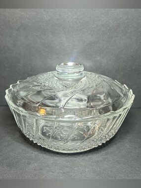 VTG 1970s KIG Indonesia Glass Sunflower Diamond Swirl Dish Bowl w/ Lid 3 x 5"